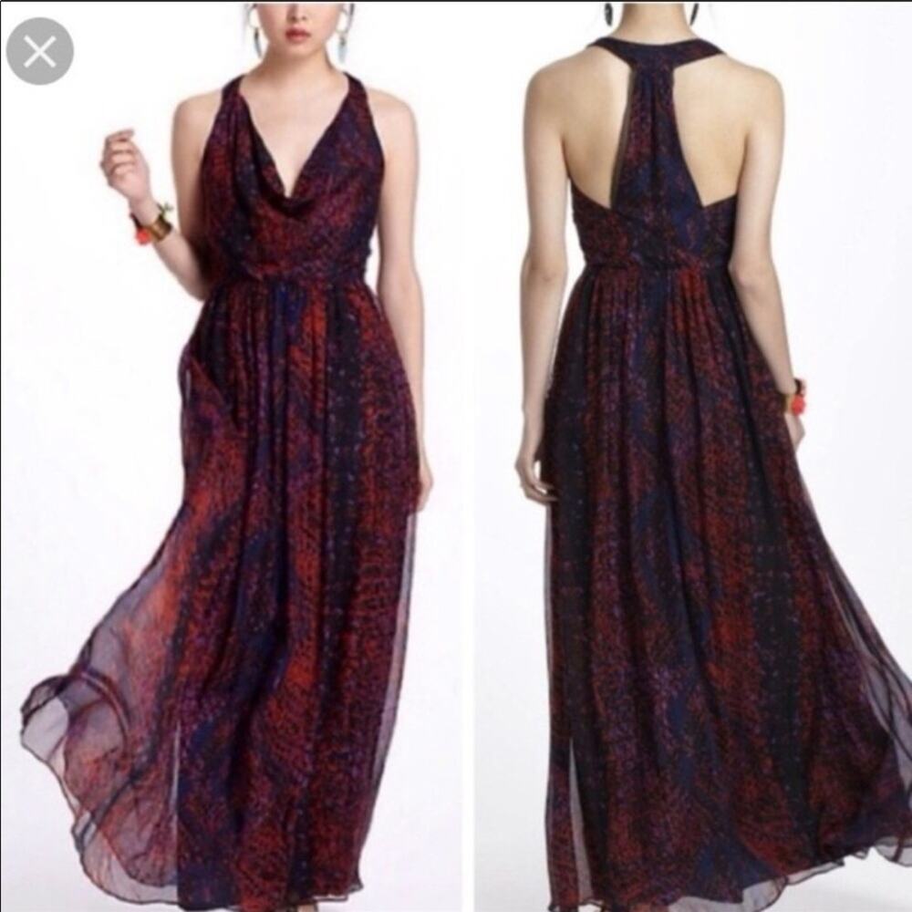 ANTHROPOLOGIE HD Seeded Sinopia Red Black Silk Cowl Neck Racer Tank Maxi Dress S - Picture 1 of 8